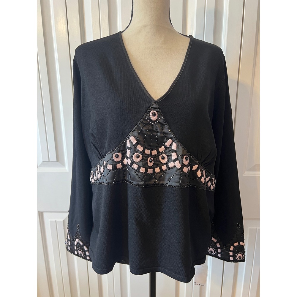 Dolce Cabo Black Knit V-Neck Top Beaded Pink Embroidery 2X NWT 5635L